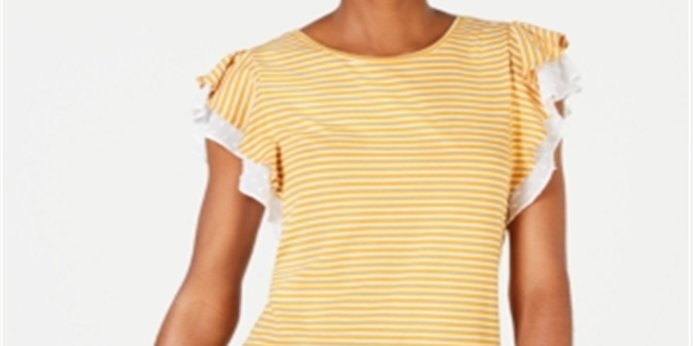 Maison Jules Women's Flutter Sleeve Striped Top Yellow Size Large