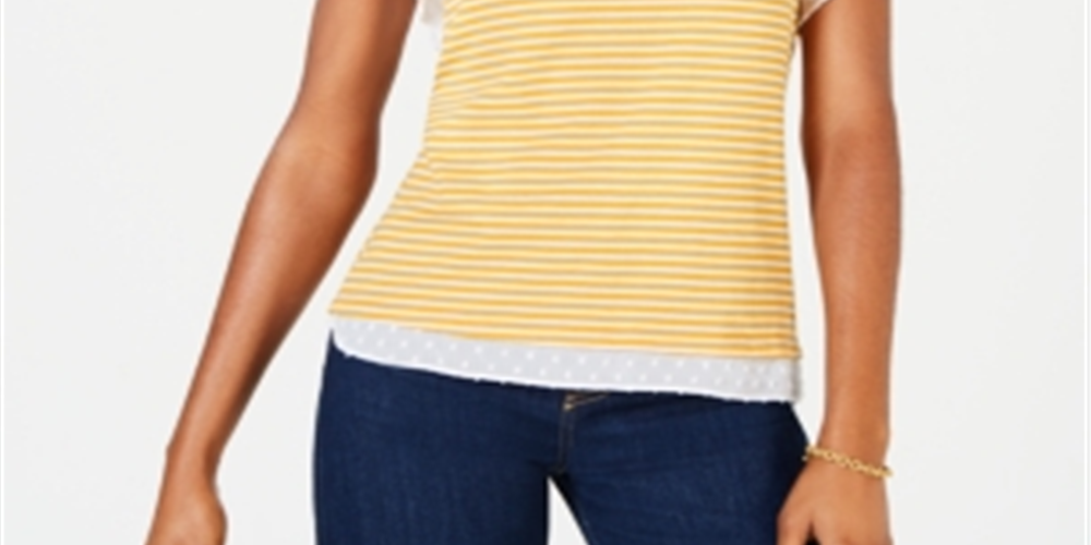 Maison Jules Women's Flutter Sleeve Striped Top Yellow Size Large