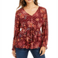 Style & Co Women's Printed Drawstring Waist Top Red Size Petite X-Small