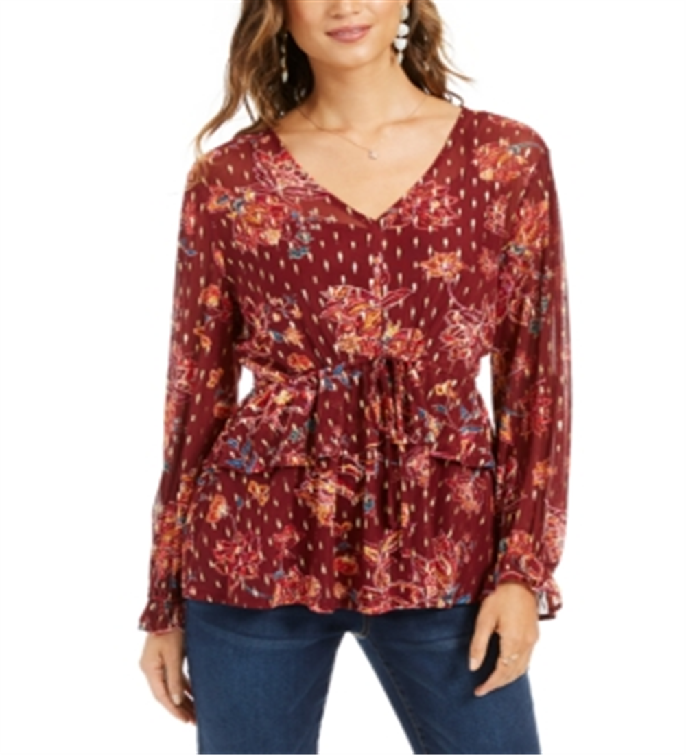 Style & Co Women's Printed Drawstring Waist Top Red Size Petite X-Small