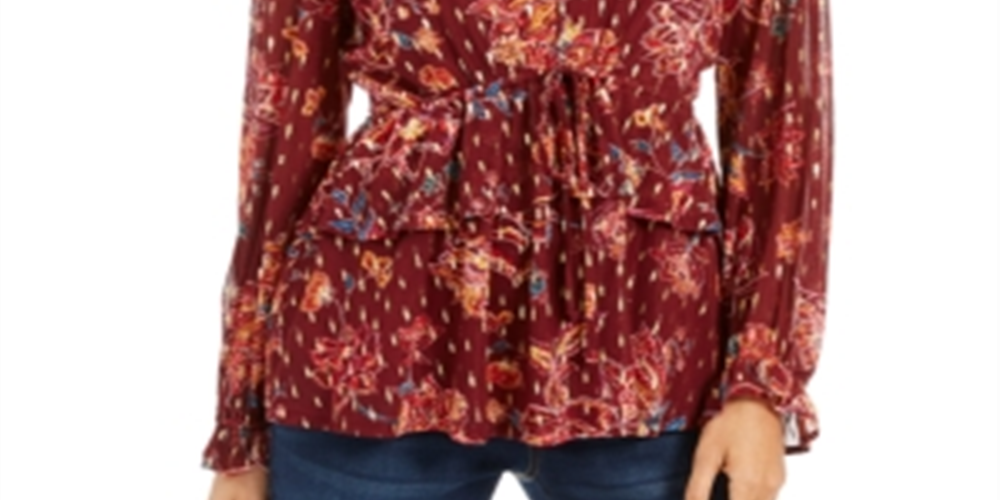 Style & Co Women's Printed Drawstring Waist Top Red Size Petite X-Small