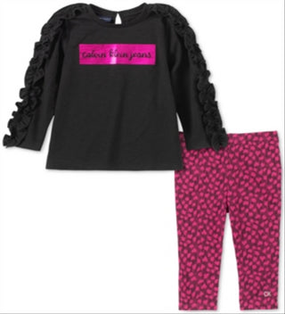 Calvin Klein Toddler Girl's 2Pc Ruffled Tunic & Printed Leggings Set Black Multi  Size 3T