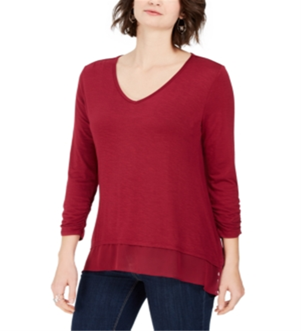 Style & Co Women's Solid Long Sleeve V Neck Top Red Size X-Large