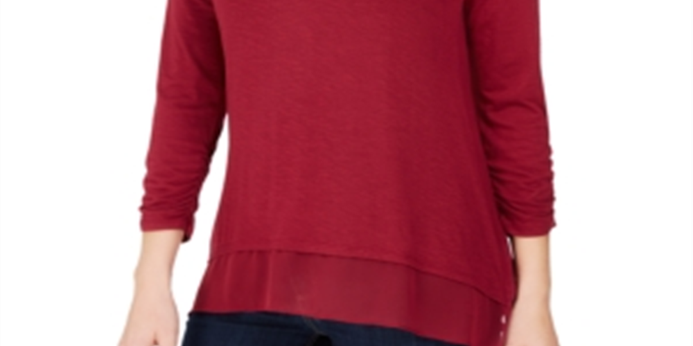 Style & Co Women's Solid Long Sleeve V Neck Top Red Size X-Large