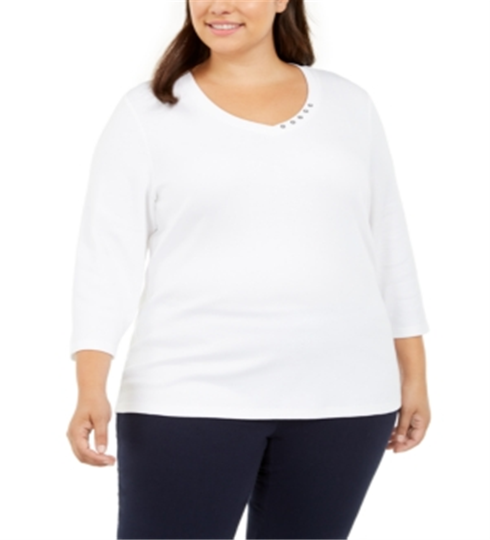 Karen Scott Womens Plus Grommet V-Neck Top White Size 1X