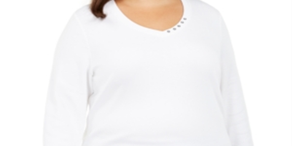 Karen Scott Womens Plus Grommet V-Neck Top White Size 1X