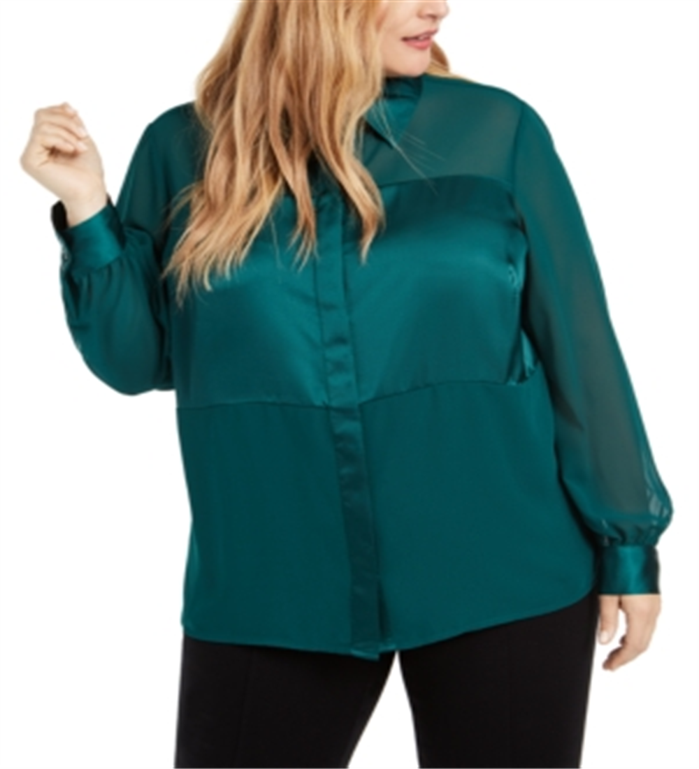 Alfani Plus Size Satin Mixed-Media Top True Emerald Green Size 1X