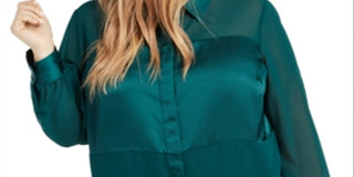 Alfani Plus Size Satin Mixed-Media Top True Emerald Green Size 1X