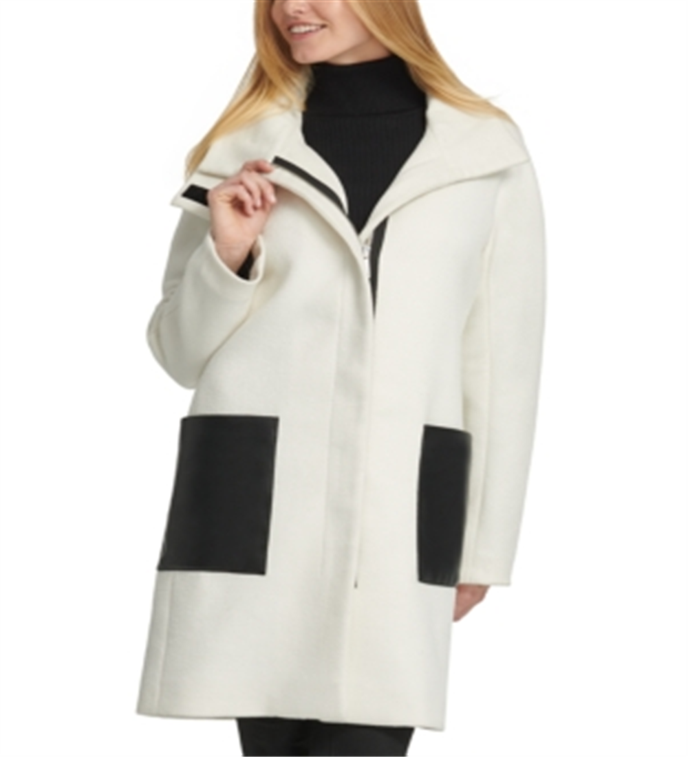DKNY Women's Block Zip up Coat White Size Large