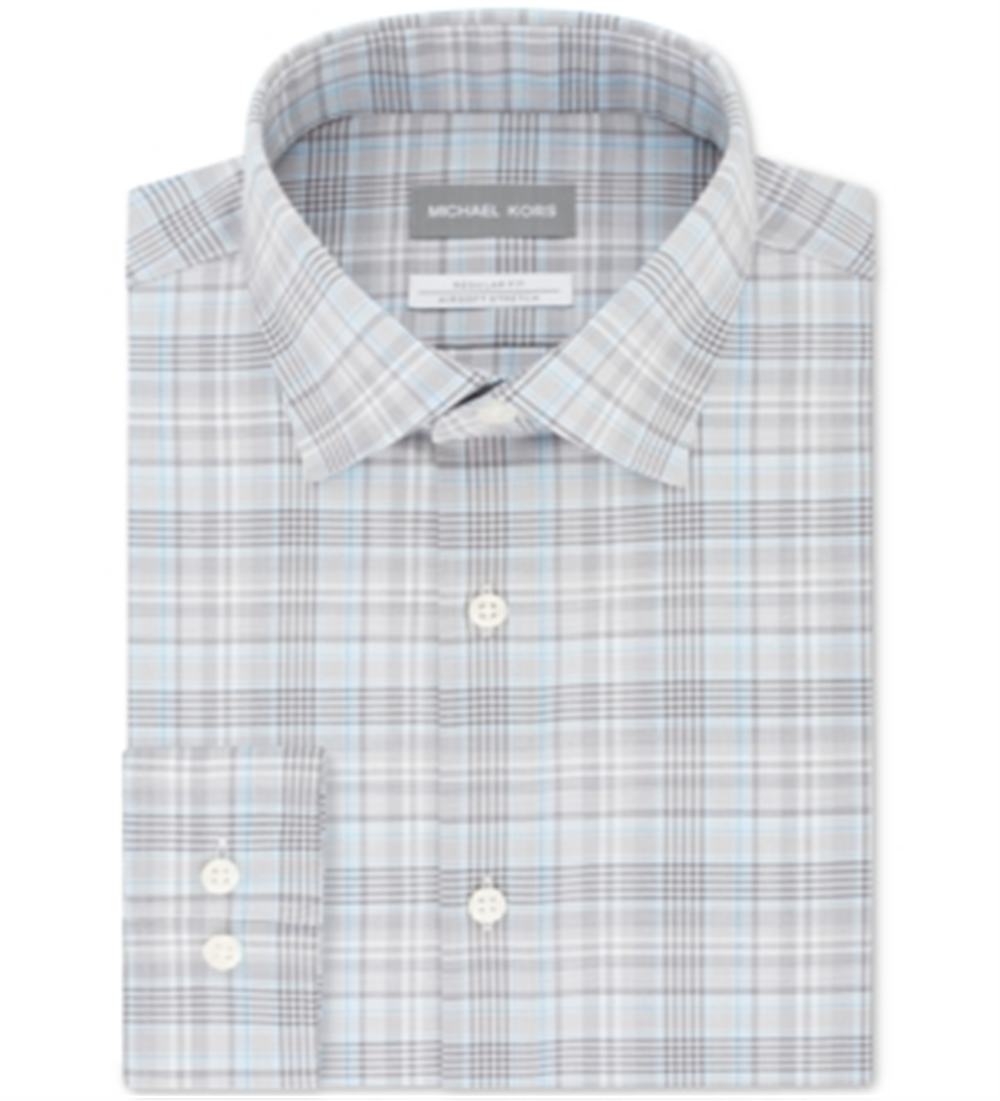 Michael Kors Men's Classic Regular Fit Non Iron Airsoft Performance Stretch Plaid Dress Shirt Grey Size XL