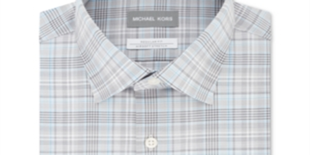 Michael Kors Men's Classic Regular Fit Non Iron Airsoft Performance Stretch Plaid Dress Shirt Grey Size XL