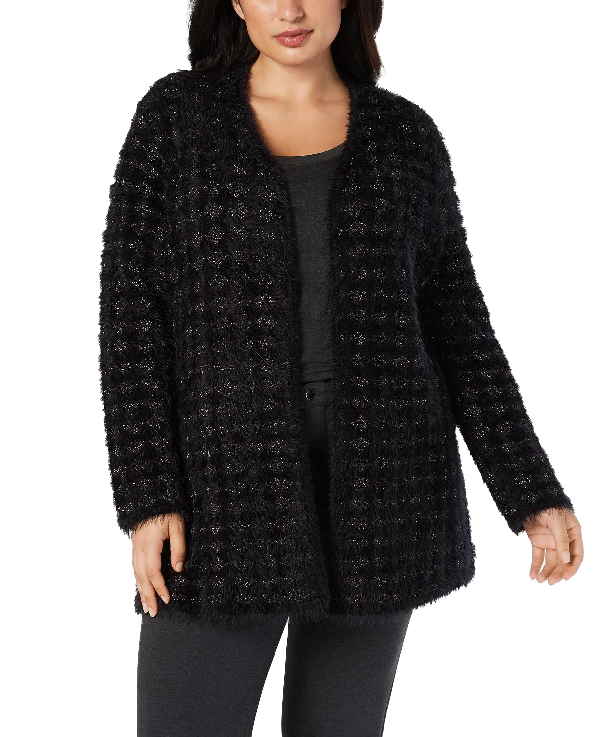 Alfani Women's Plus Eyelash Yarn Printed Cardigan Sweater Black Size 0X