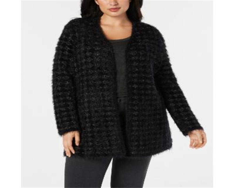Alfani Women's Plus Eyelash Yarn Printed Cardigan Sweater Black Size 0X