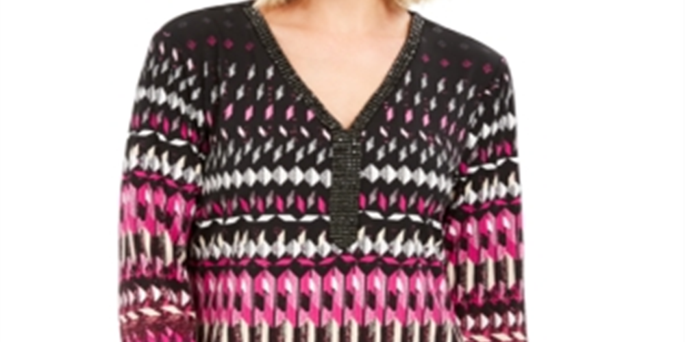 Jm Collection Petite Printed Tunic Geo Beat Pink Size Large