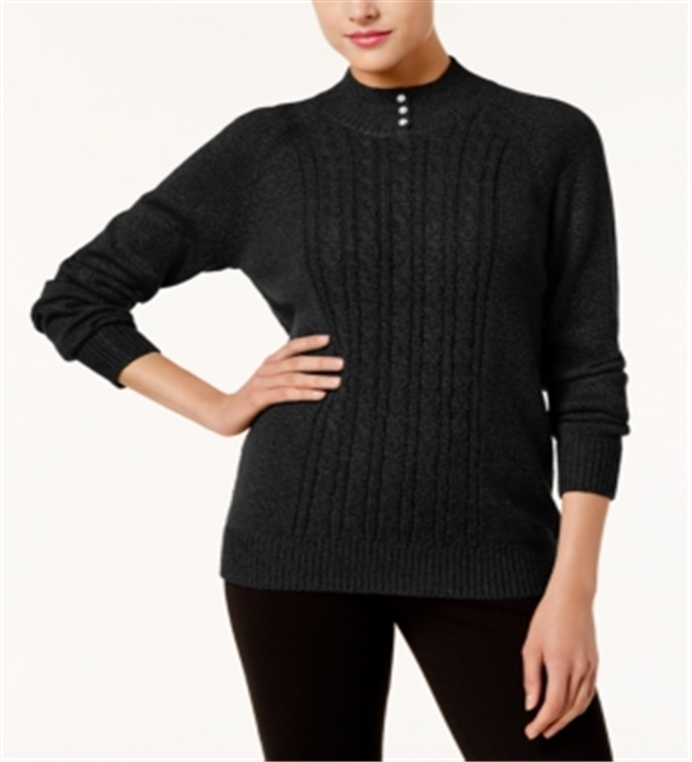 Karen Scott Women's Button-Trim Mock-Neck Sweater Marl Black Size XL