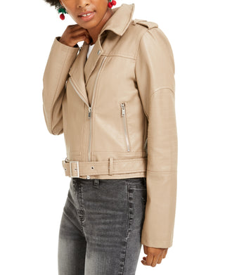 Collection B Junior's Faux Leather Belted Moto Jacket Tan Size Small