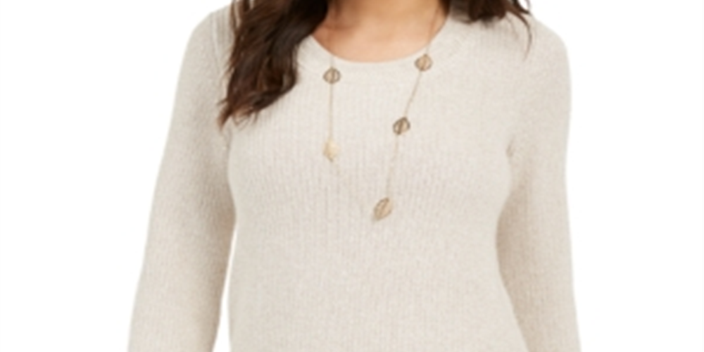 Style & Co Petite Mixed-Stitch Sweater White Brown Size Petite Large