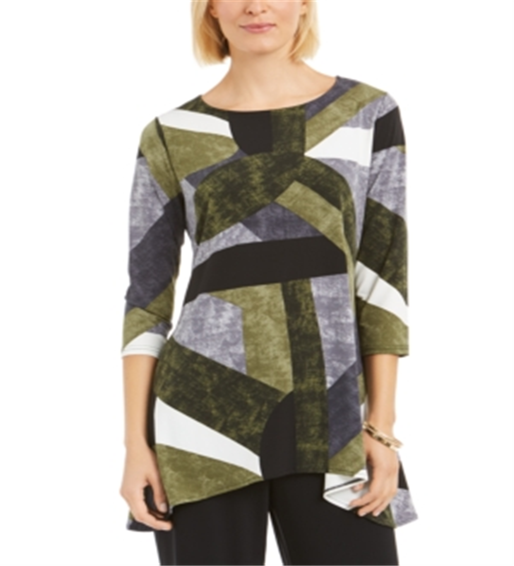 Alfani Women's Textured Colorblock Printed Swing Top Green Size Small