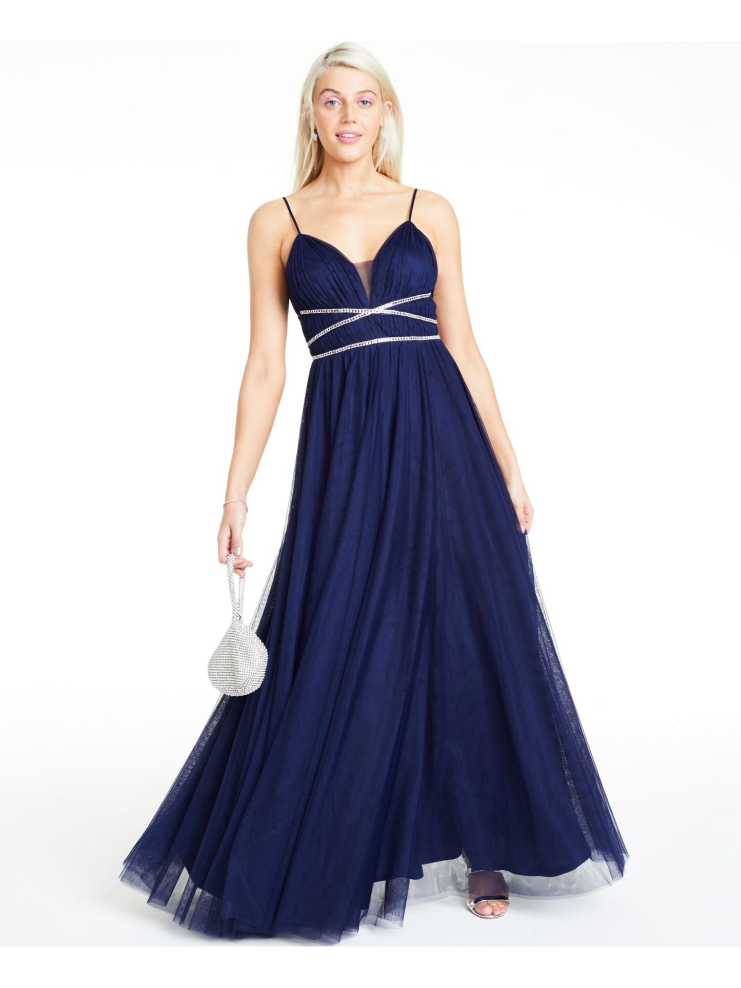 Say Yes to the Prom Women's Embellished Sheer Spaghetti Strap Sweetheart Neckline Full Length Formal Fit Flare Dress Blue Size 3