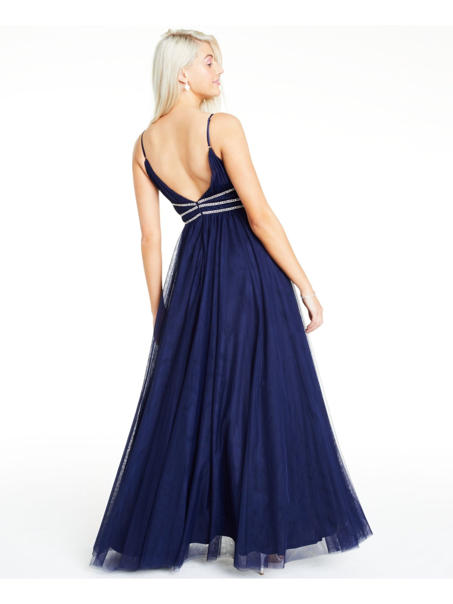 Say Yes to the Prom Women's Embellished Sheer Spaghetti Strap Sweetheart Neckline Full Length Formal Fit Flare Dress Blue Size 3