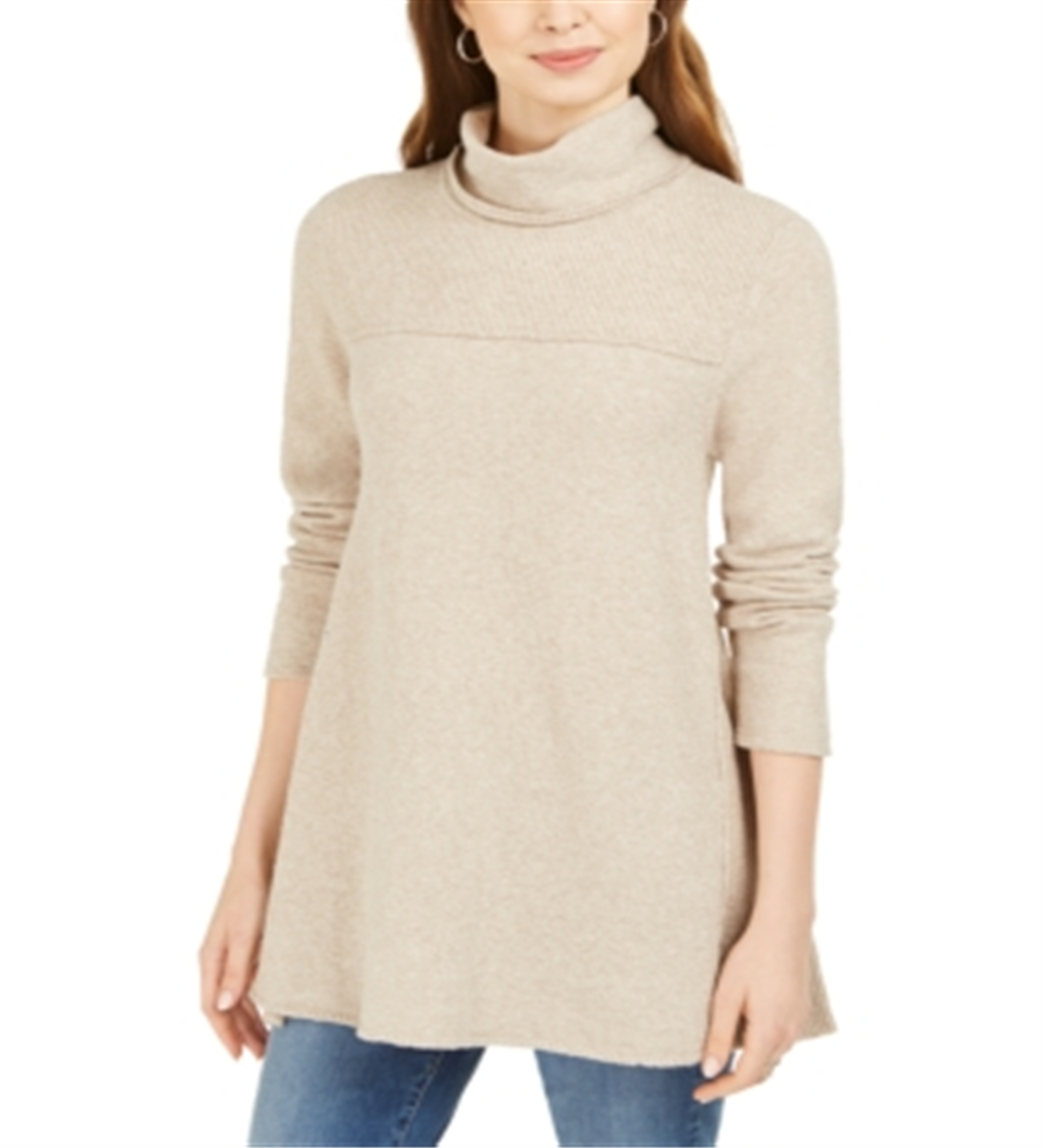Style & Co Women's Exposed Seam Mock Neck Tunic Sweater Beige Size M