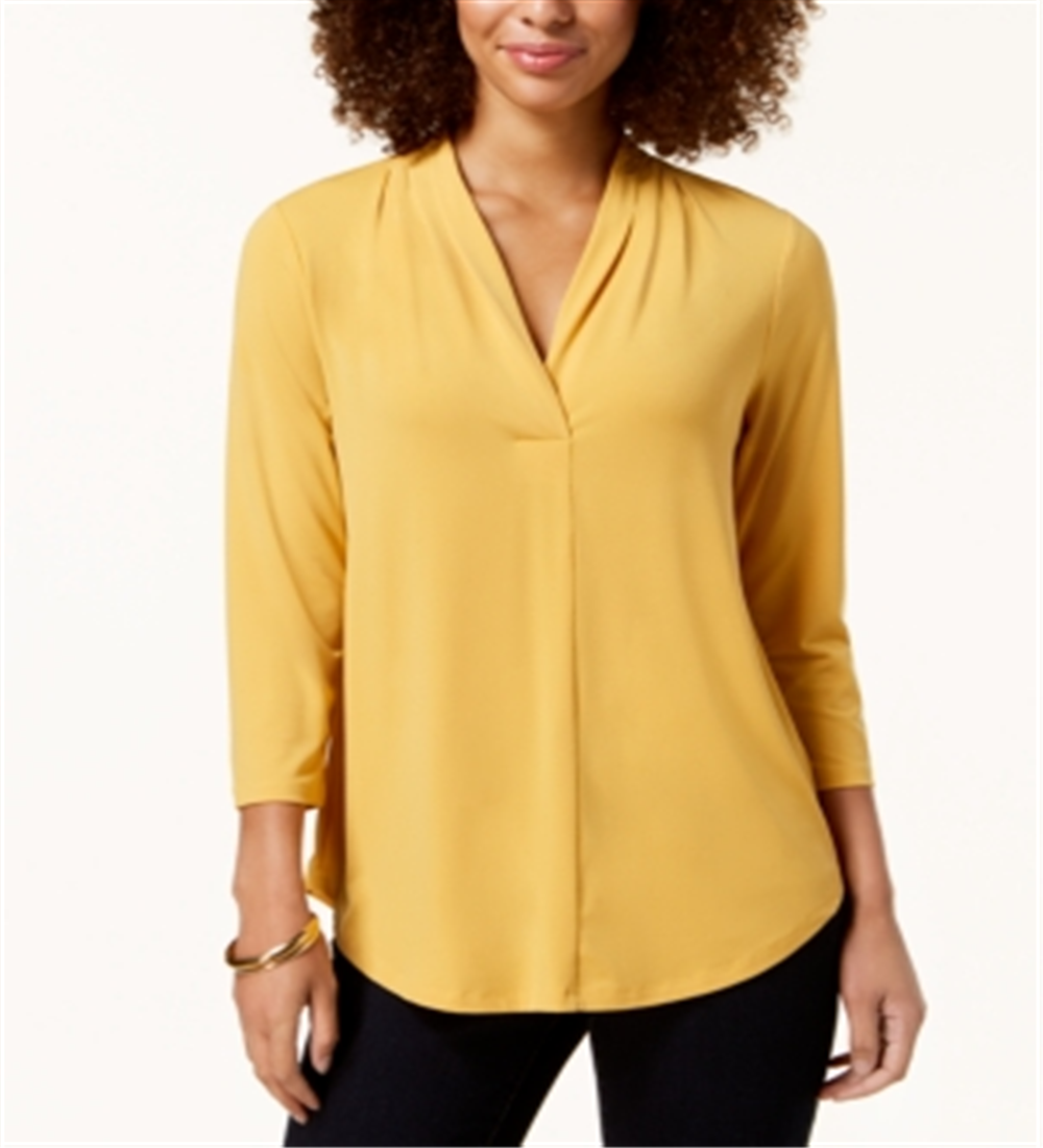 Charter Club Women's Pleat Neck 3/4 Sleeve Top Yellow Size -Petite XL