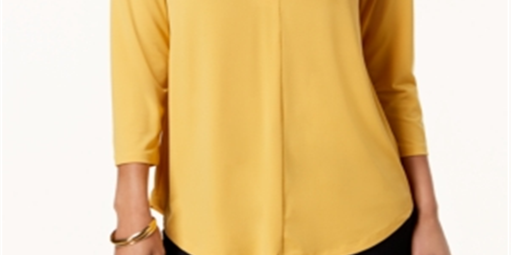 Charter Club Women's Pleat Neck 3/4 Sleeve Top Yellow Size -Petite XL