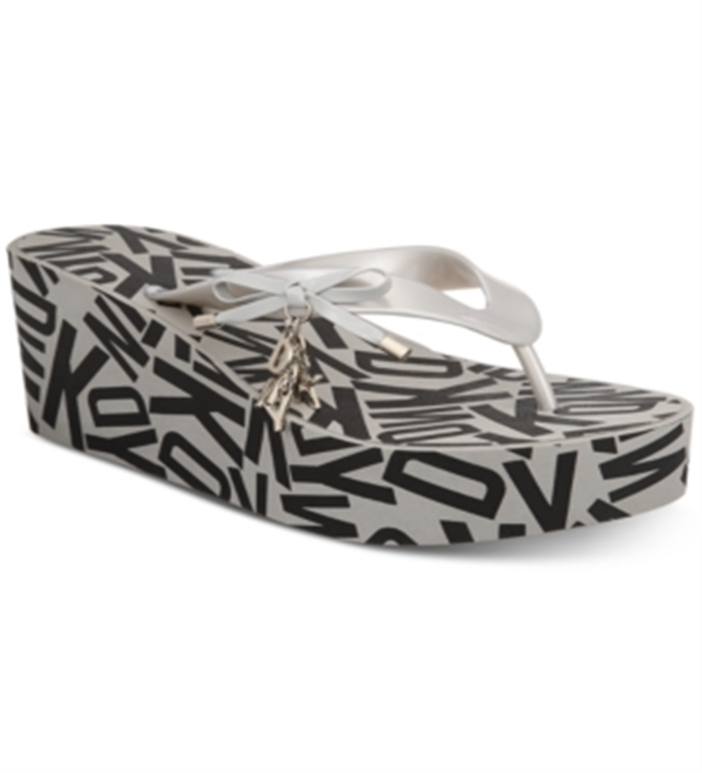 DKNY Womens Nola Wedge Sandals Thong Slip on Silver Size 9M