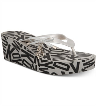 DKNY Womens Nola Wedge Sandals Thong Slip on Silver Size 9M