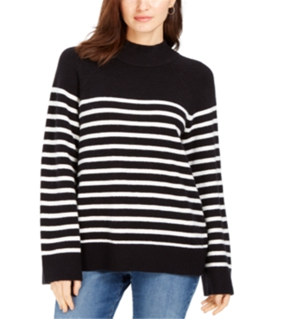 Charter Club Women's Split Back Striped Mockneck Sweater Black Size Petite XL
