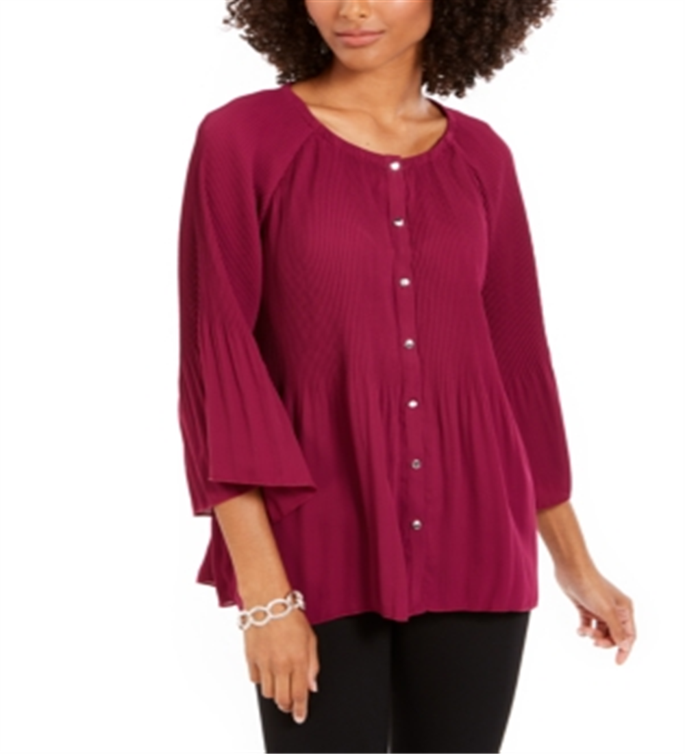 NY Collection Women's Pleated Button Front Bell Sleeve Top Purple Size -Petite XL