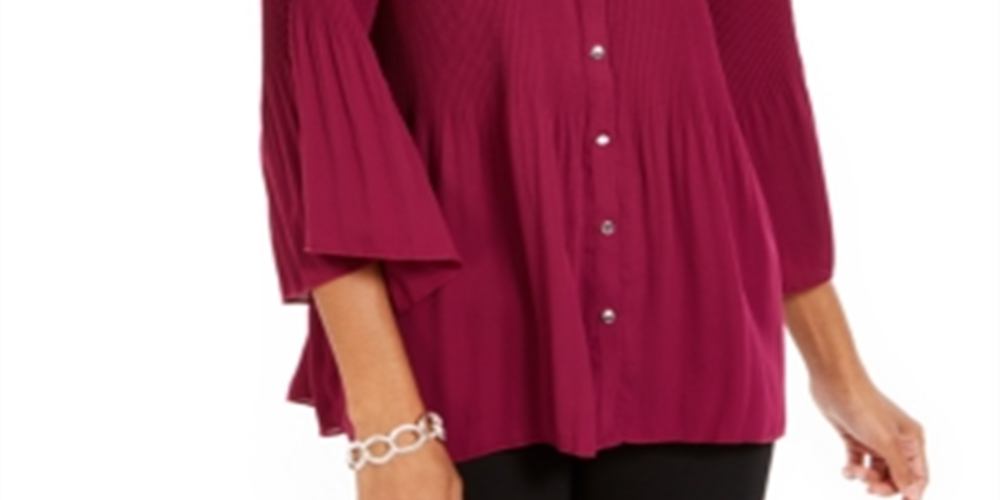NY Collection Women's Pleated Button Front Bell Sleeve Top Purple Size -Petite XL