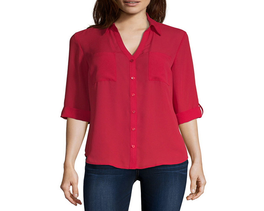 A. Byer Women's Tab-Sleeve Button Down Shirt, Crimson, Size M