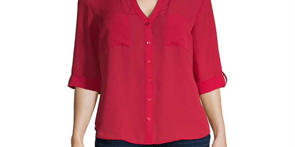 A. Byer Women's Tab-Sleeve Button Down Shirt, Crimson, Size M
