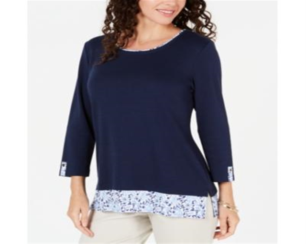 Karen Scott Women's Printed Trim Top Blue Size Petite XL
