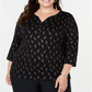 Karen Scott Women's Plus Printed 3/4 Sleeve Henley Top Black Size 1X