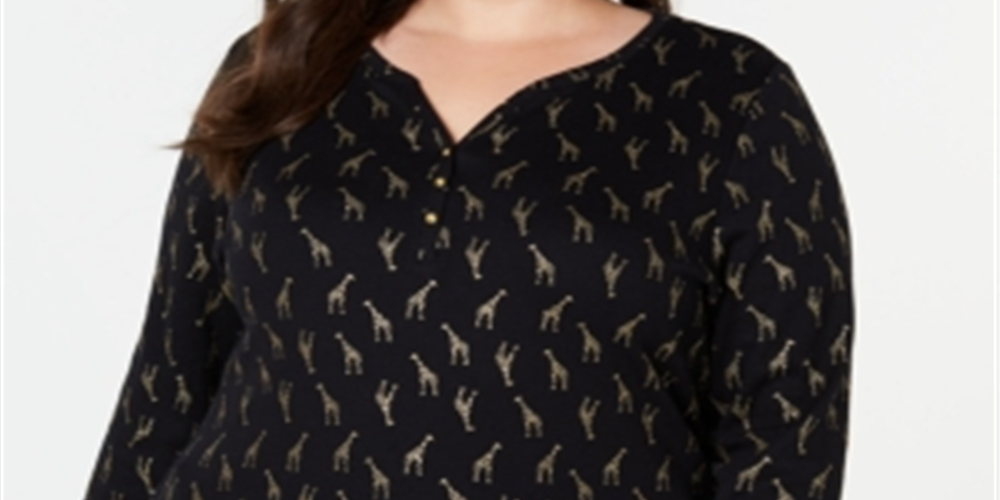 Karen Scott Women's Plus Printed 3/4 Sleeve Henley Top Black Size 1X