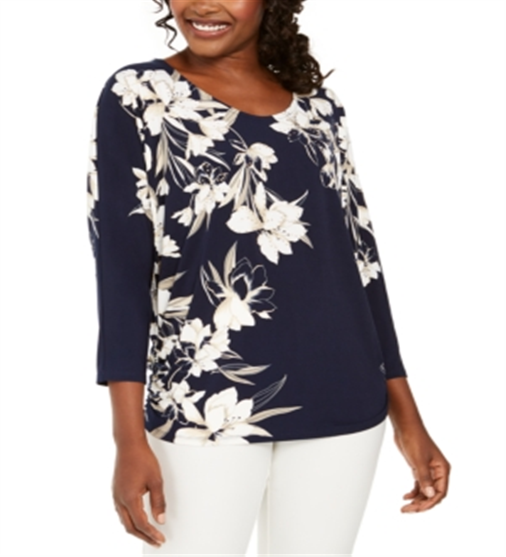 JM Collection Women's Printed Rhinestone Dolman Sleeve Top Blue Size S