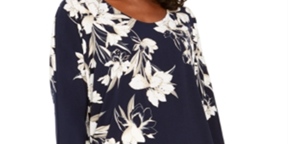 JM Collection Women's Printed Rhinestone Dolman Sleeve Top Blue Size S