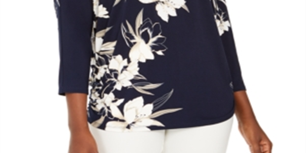 JM Collection Women's Printed Rhinestone Dolman Sleeve Top Blue Size S