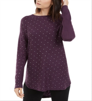 INC Women's Embellished Long Sleeve Jewel Neck Hi-Lo Sweater Purple Size S