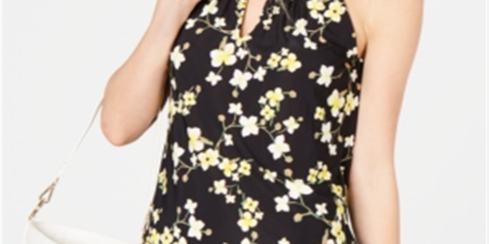 INC International Concepts Women's Floral Print Keyhole Neck Halter Top Yellow-Black Size Small