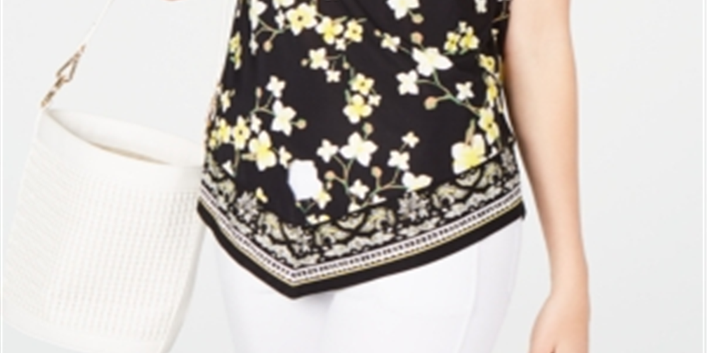 INC International Concepts Women's Floral Print Keyhole Neck Halter Top Yellow-Black Size Small