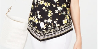 INC International Concepts Women's Floral Print Keyhole Neck Halter Top Yellow-Black Size Small