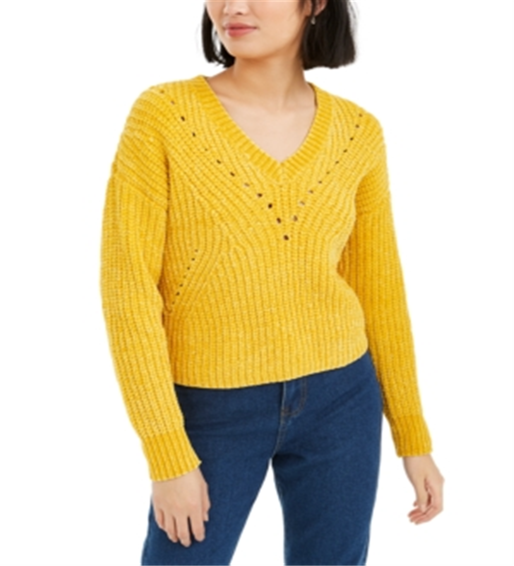 Bar III Women's Eyelet V Neck Crop Sweater Gold Size X-Small