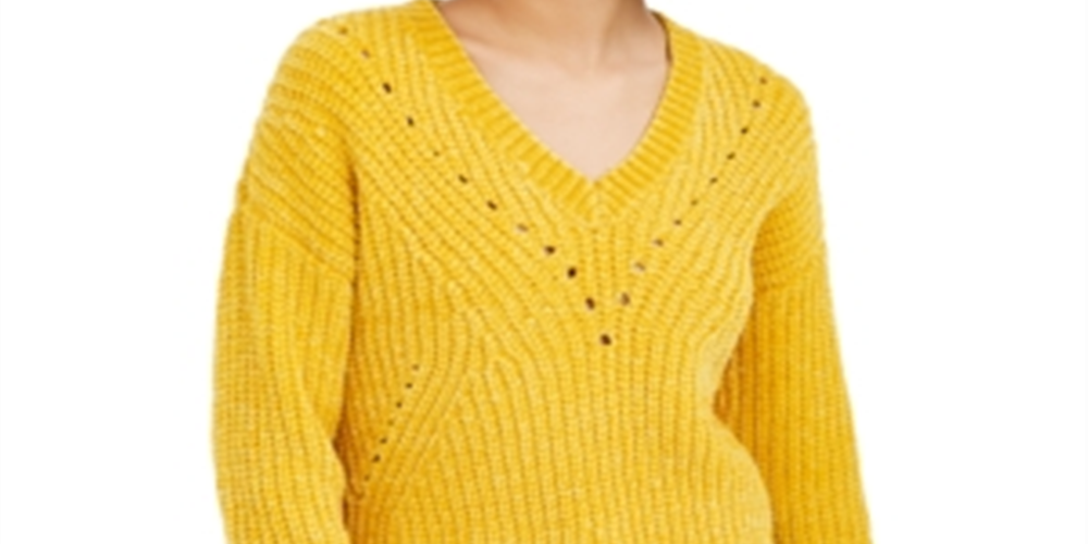 Bar III Women's Eyelet V Neck Crop Sweater Gold Size X-Small
