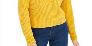 Bar III Women's Eyelet V Neck Crop Sweater Gold Size X-Small