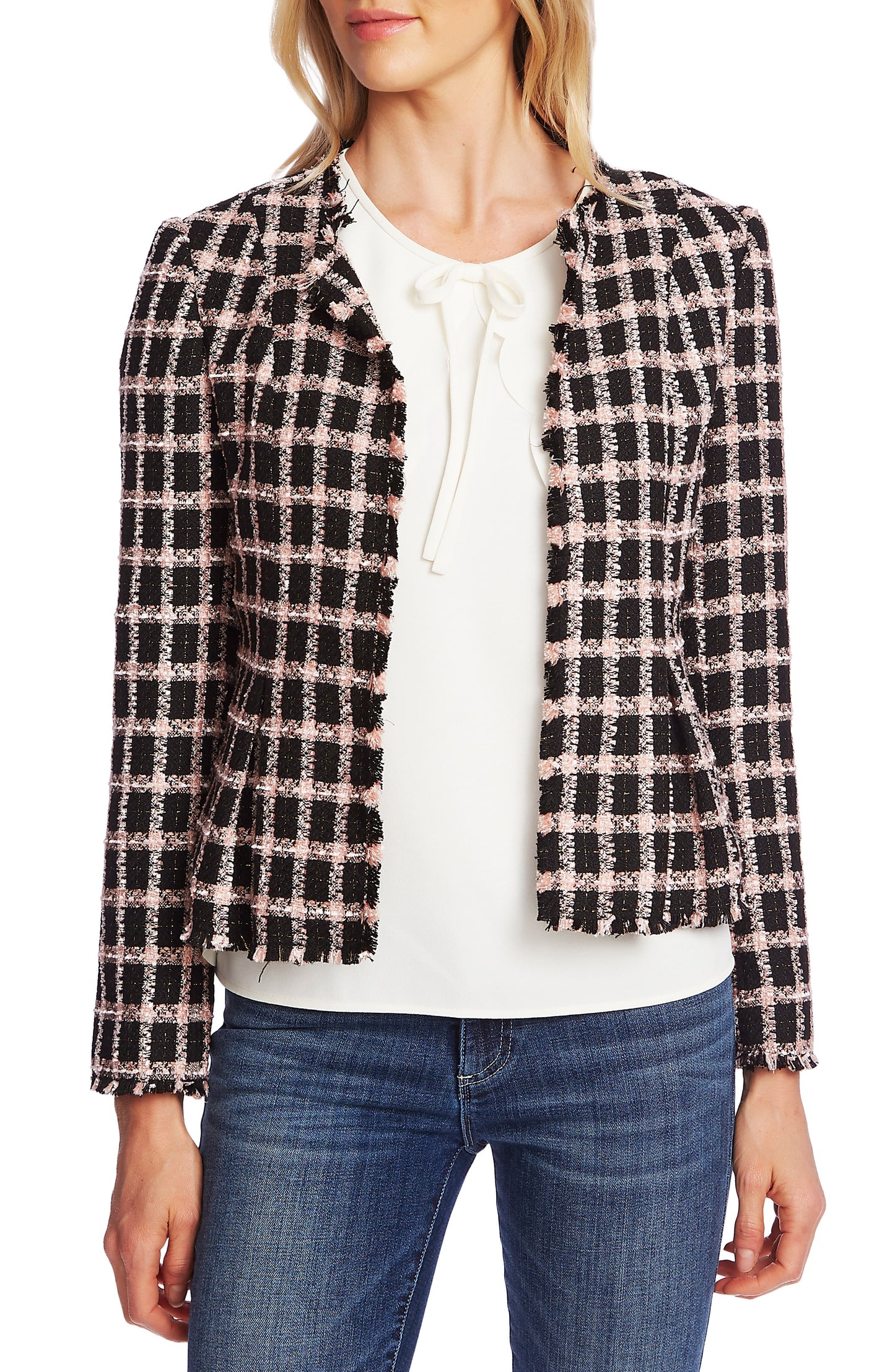 Cece Women's  Frayed Plaid Wear to Work Jacket Gray Size 14