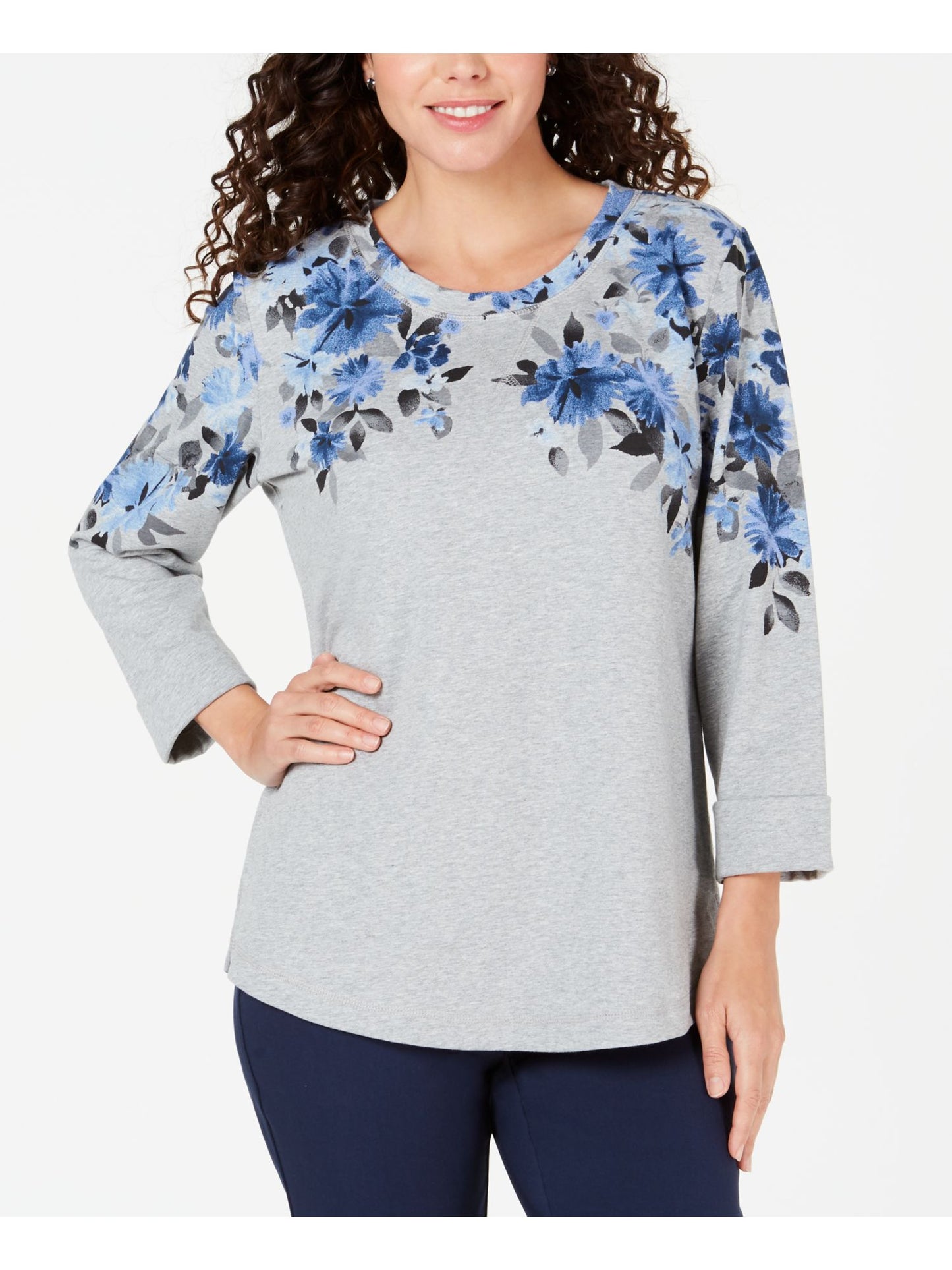 Karen Scott Women's Printed 3/4 Sleeve Sweatshirt Gray Size Petite S
