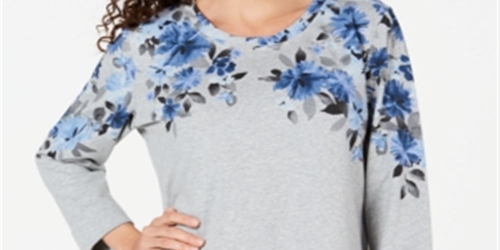 Karen Scott Women's Printed 3/4 Sleeve Sweatshirt Gray Size Petite S